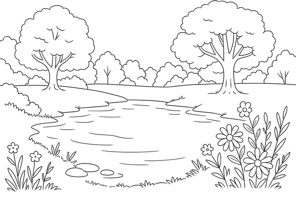 Trees And Pond Coloring Page