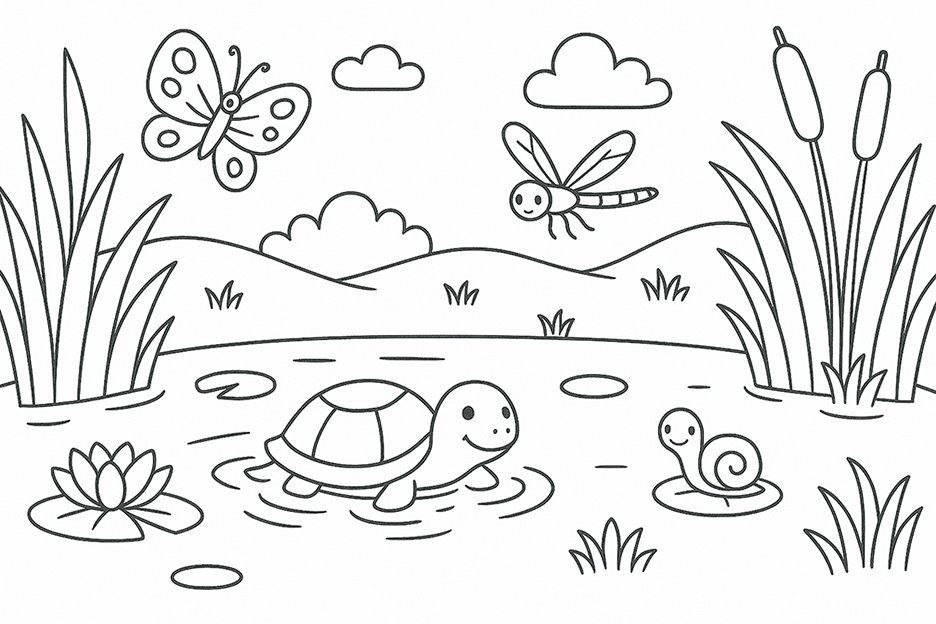 Turtle In A Pond Coloring Page