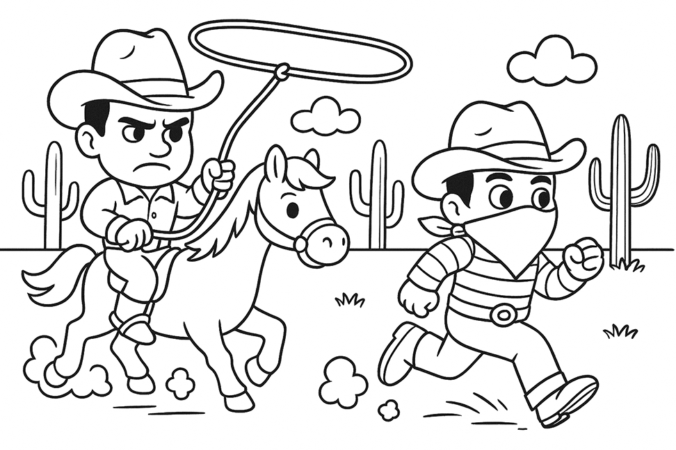 Cowboy Chasing Bandit Coloring Page