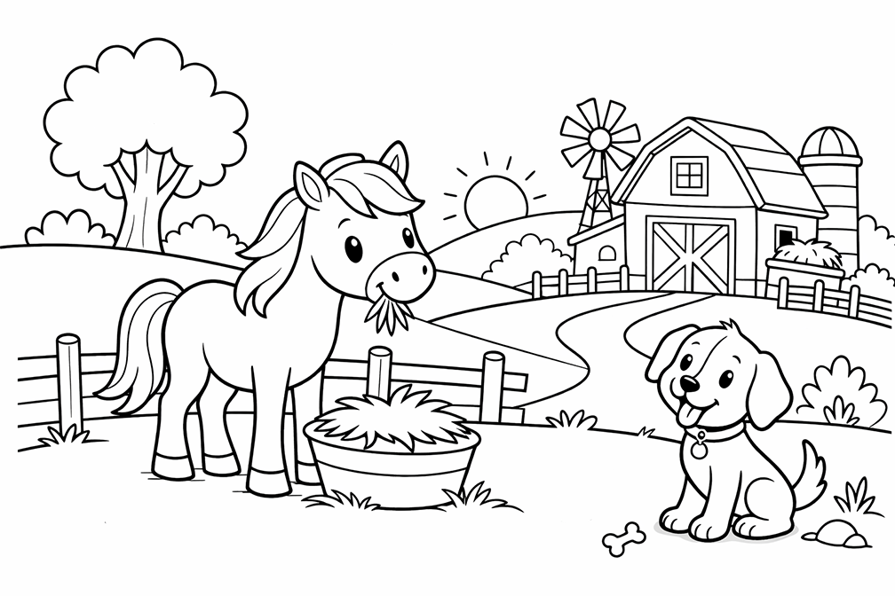 Cute Pony Eating Hay From A Barrel On A Farm