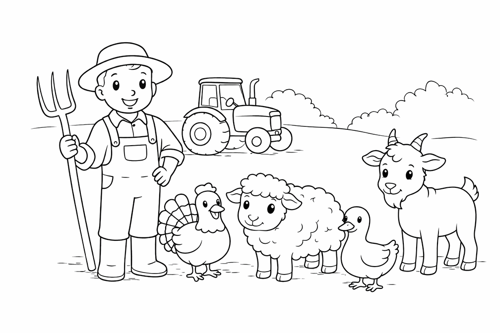 Farmer With Pitchfork And His Animals