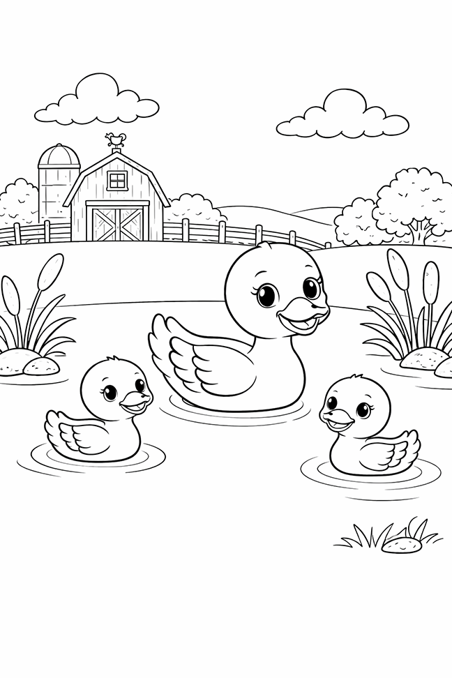 Mom And Her Baby Ducks Swim In The Pond