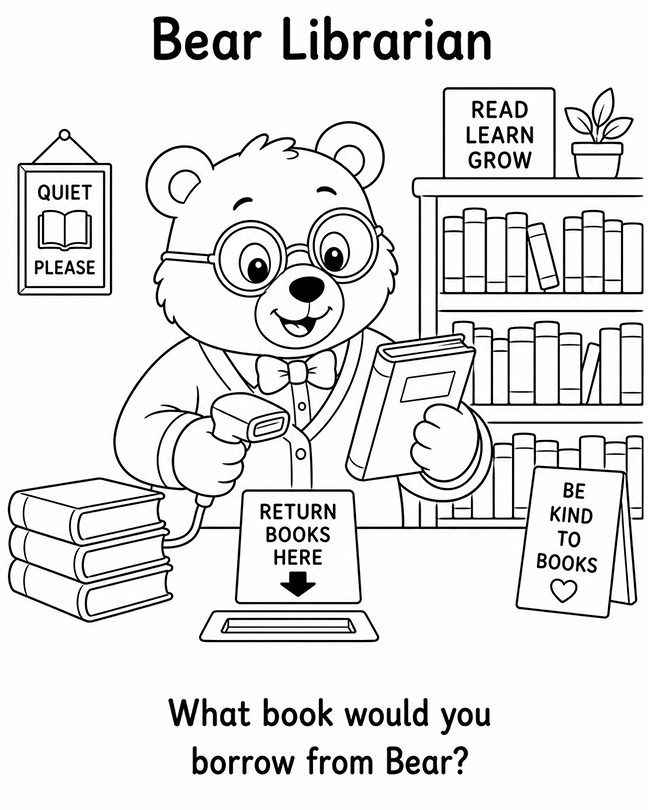 Bear Librarian Coloring Page