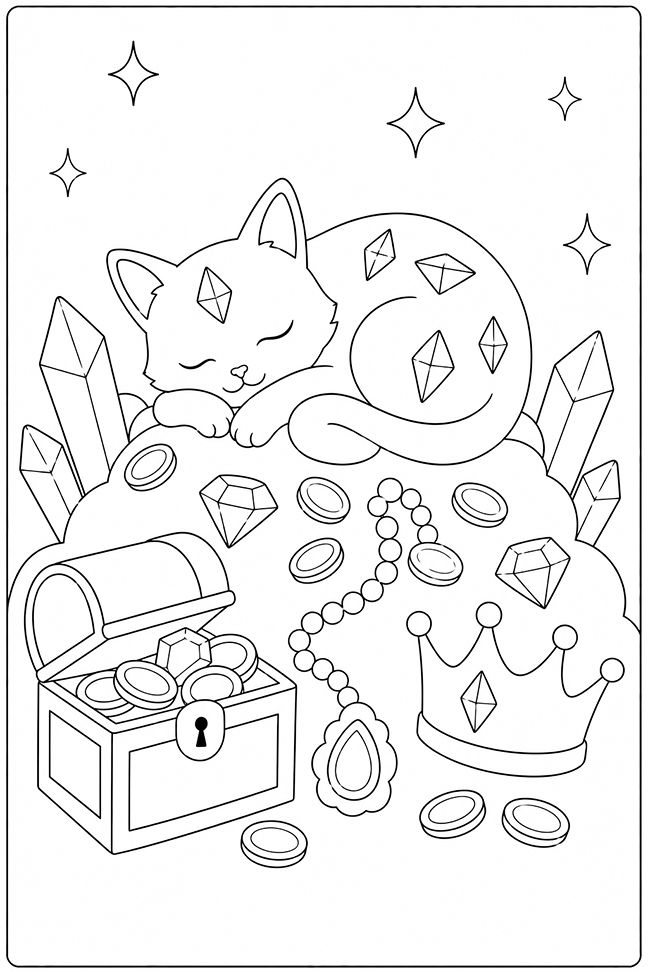 Cat Sleeping In Treasure Coloring Page