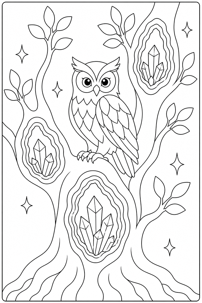 Owl In Crystal Tree Coloring Page