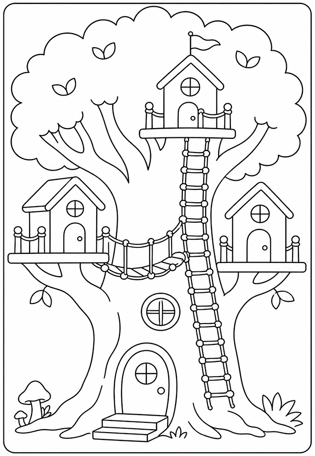Magical Treehouse With Tall Ladder Coloring Page