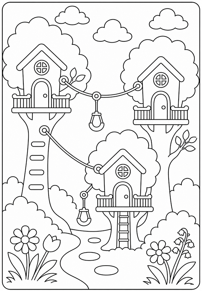 Treehouse village coloring page featuring three houses connected by ropes, hanging lights, ladders, and a winding path.