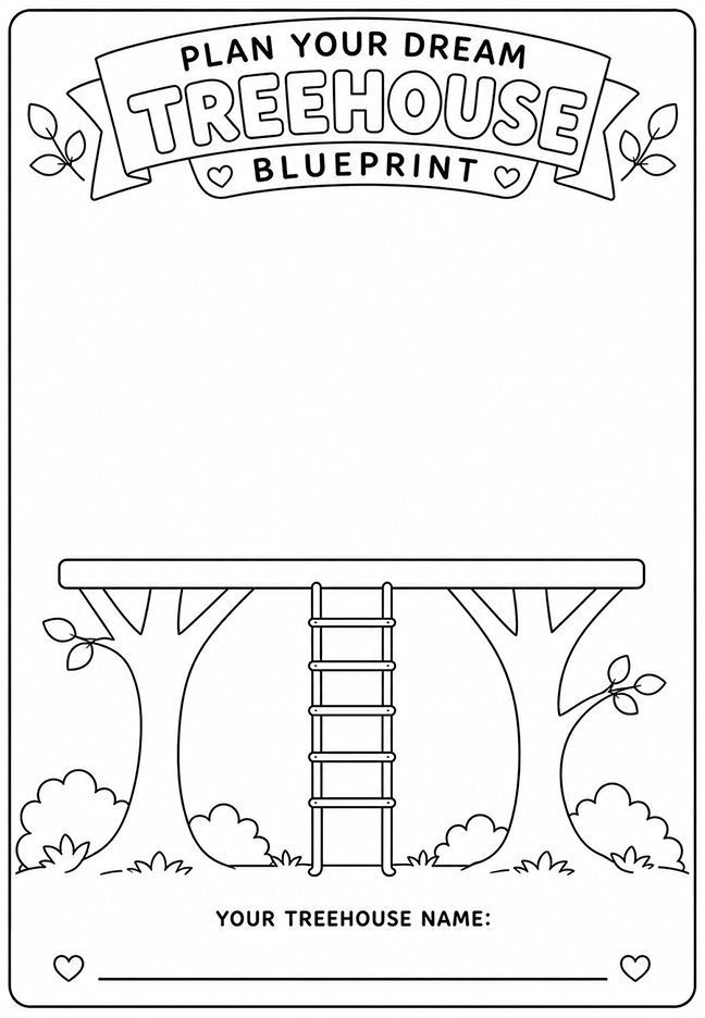 Design your own treehouse blueprint activity page with a blank platform, ladder, trees, and space to name the treehouse.
