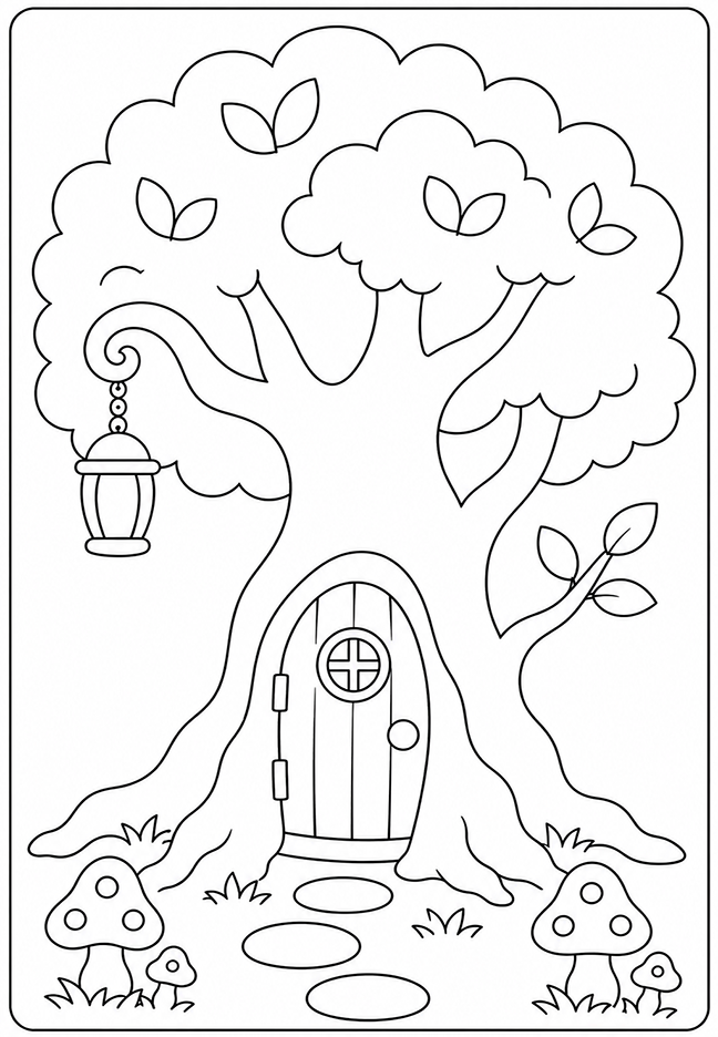 Enchanted tree door coloring page with a hanging lantern, stepping stones, leafy branches, and woodland mushrooms.