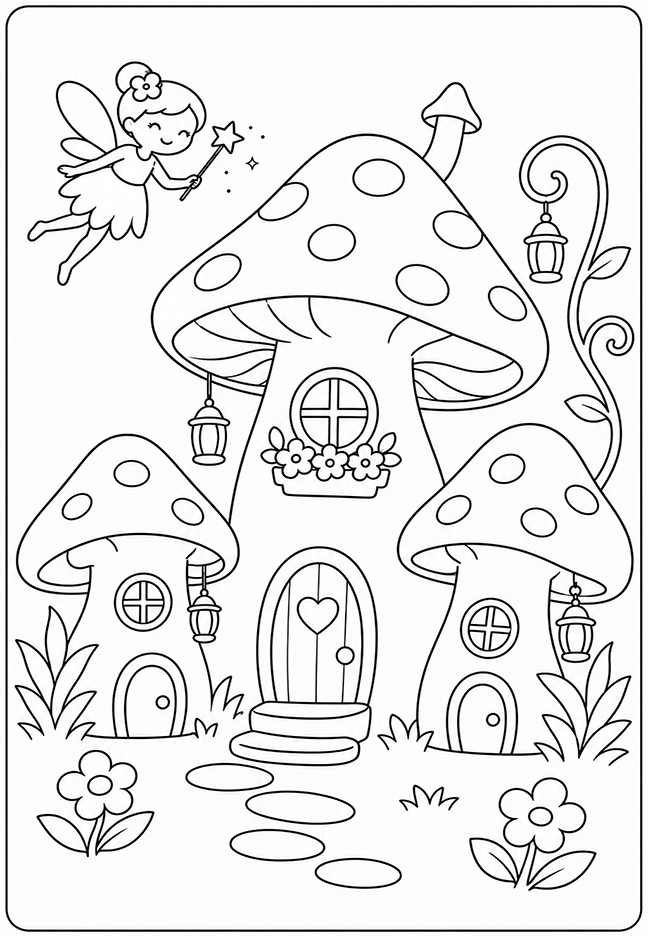 Fairy mushroom village coloring page featuring three mushroom houses, hanging lanterns, flowers, and a flying fairy.