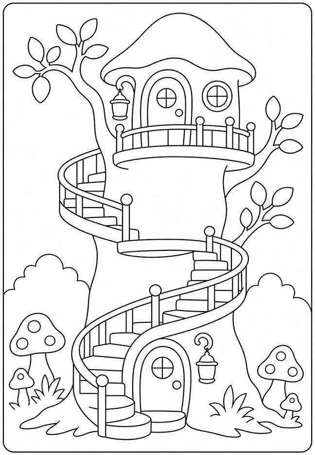 Magical treehouse coloring page with a winding spiral staircase, lanterns, leafy branches, and mushrooms.
