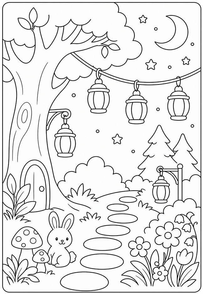 Magical moonlit forest path coloring page with hanging lanterns, a crescent moon, stars, flowers, and a woodland bunny.
