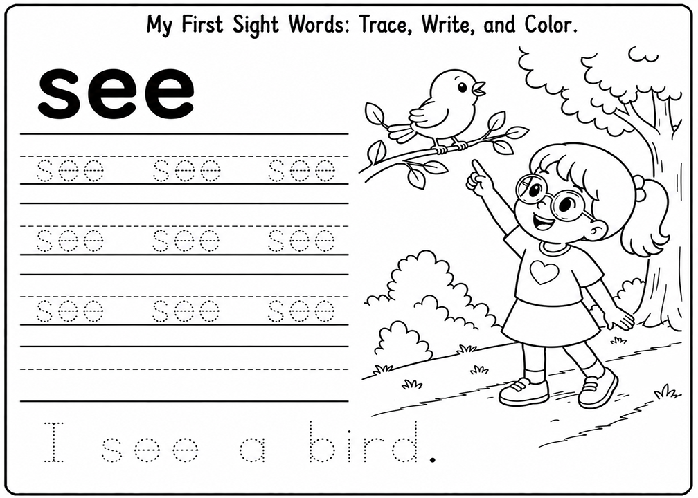 See Sight Word Tracing Worksheet