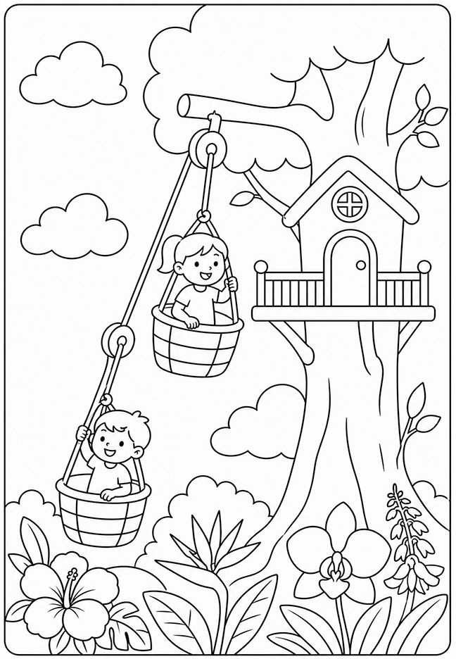 Treehouse basket lift coloring page with two children riding pulley baskets beside a tall woodland treehouse.