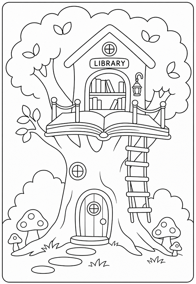 Treehouse library coloring page for kids featuring bookshelves, an open-book platform, a ladder, and woodland mushrooms.
