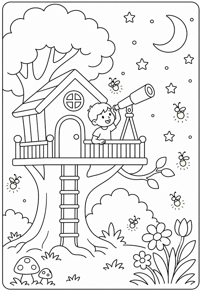 Treehouse telescope coloring page featuring a child looking at the night sky surrounded by stars, fireflies, and flowers.