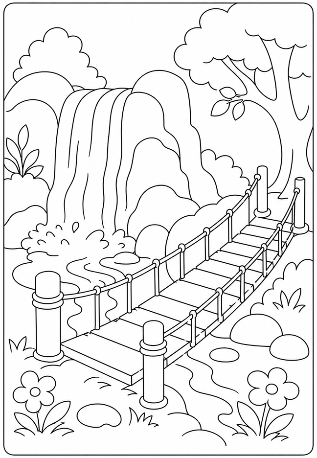 Woodland rope bridge coloring page crossing a stream beside a large waterfall, trees, rocks, and flowers.