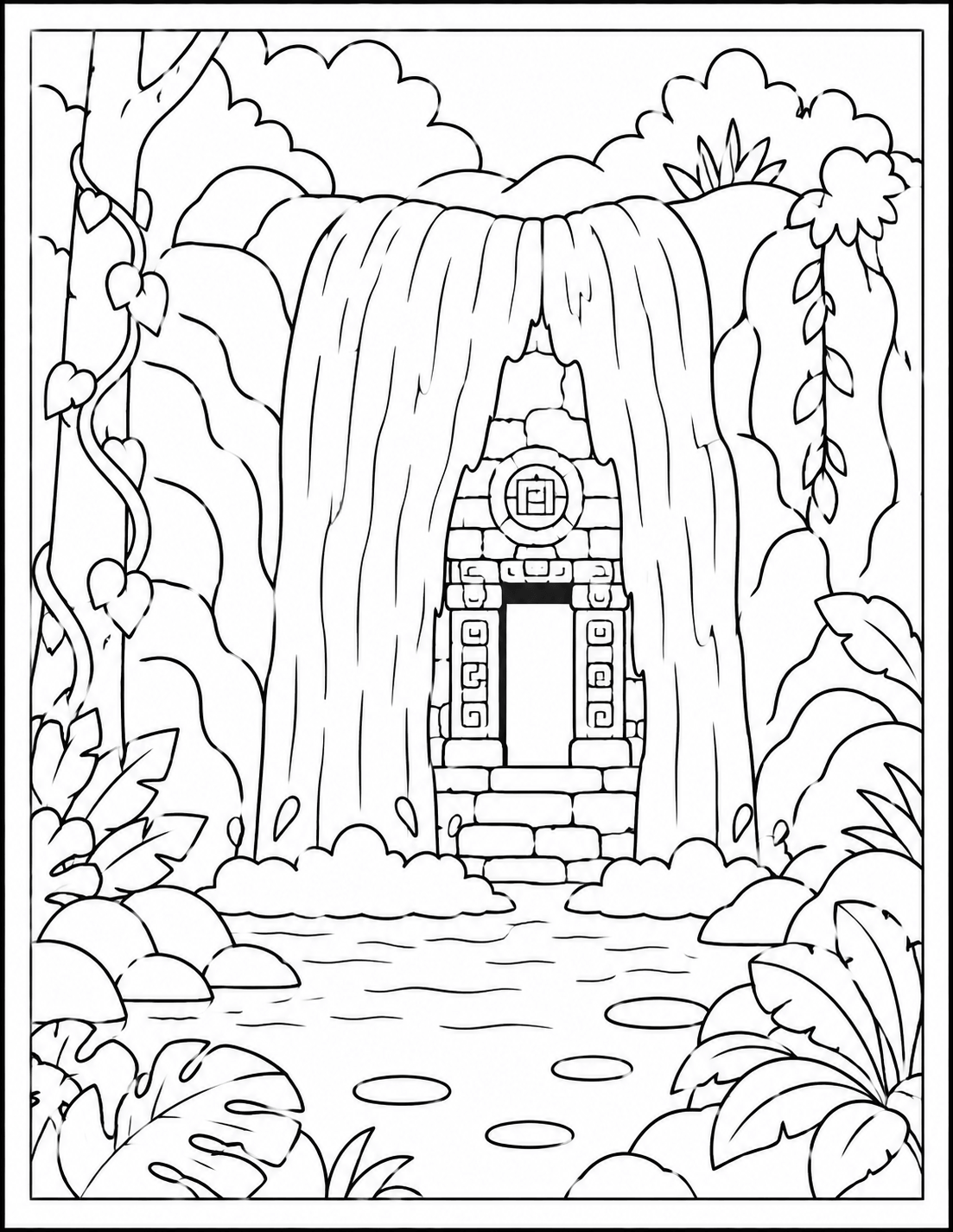 11 Lost Jungle Waterfall Temple Coloring Page