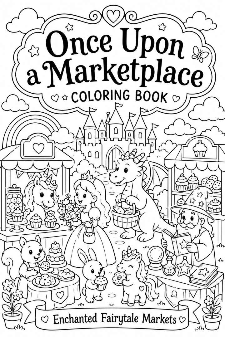 Once Upon a Marketplace coloring book cover featuring a colorful enchanted fairytale market with a princess, dragon, unicorn, wizard, castle, and woodland animals.