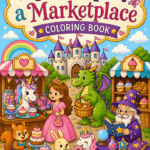 Once Upon a Marketplace coloring book cover featuring a colorful enchanted fairytale market with a princess, dragon, unicorn, wizard, castle, and woodland animals.