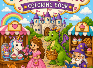 Once Upon a Marketplace coloring book cover featuring a colorful enchanted fairytale market with a princess, dragon, unicorn, wizard, castle, and woodland animals.