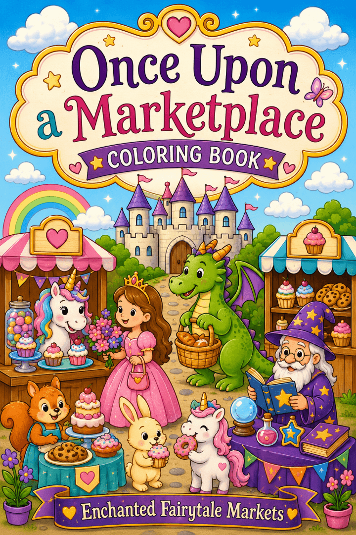 Once Upon a Marketplace coloring book cover featuring a colorful enchanted fairytale market with a princess, dragon, unicorn, wizard, castle, and woodland animals.