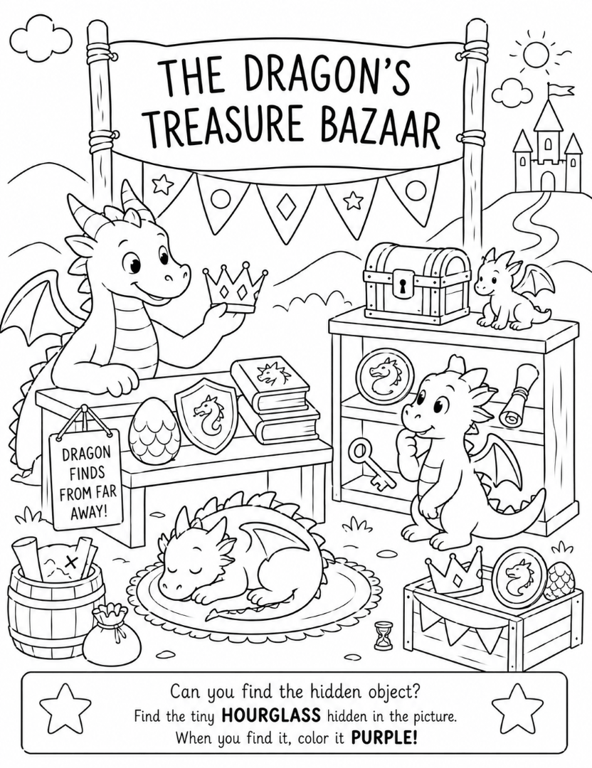 Dragon's Treasure Bazaar coloring page with friendly dragons surrounded by treasure and magical market goods.
