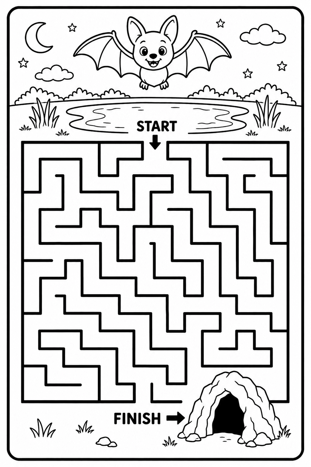 Easy bat maze printable worksheet for kids with a bat flying to its cave