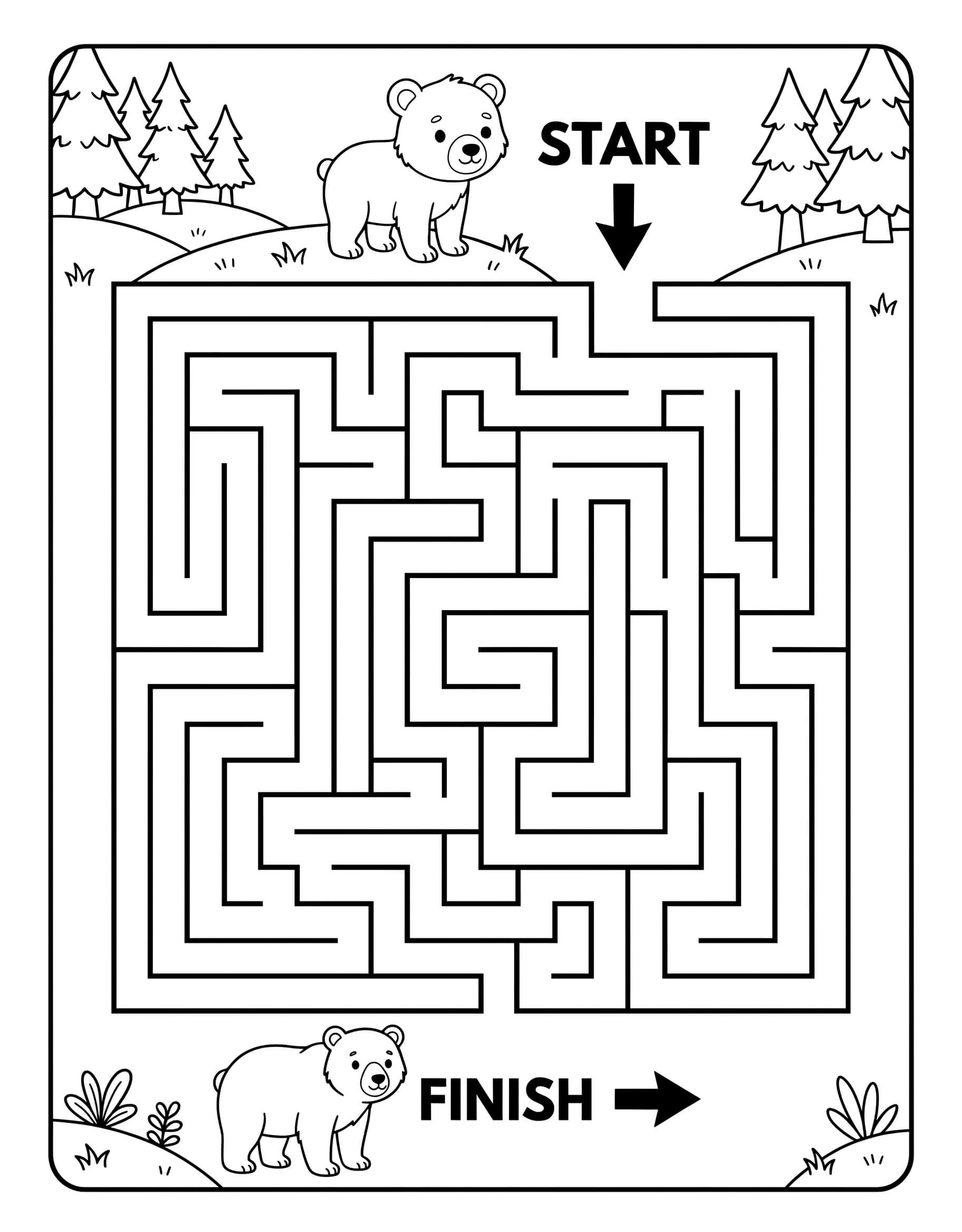 Easy bear maze printable worksheet for kids featuring a cute bear