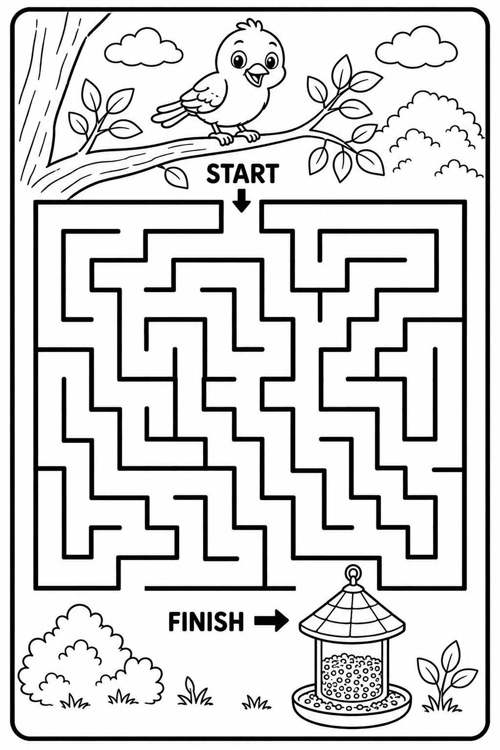 Easy bird maze printable worksheet for kids with a bird finding its way to a bird feeder