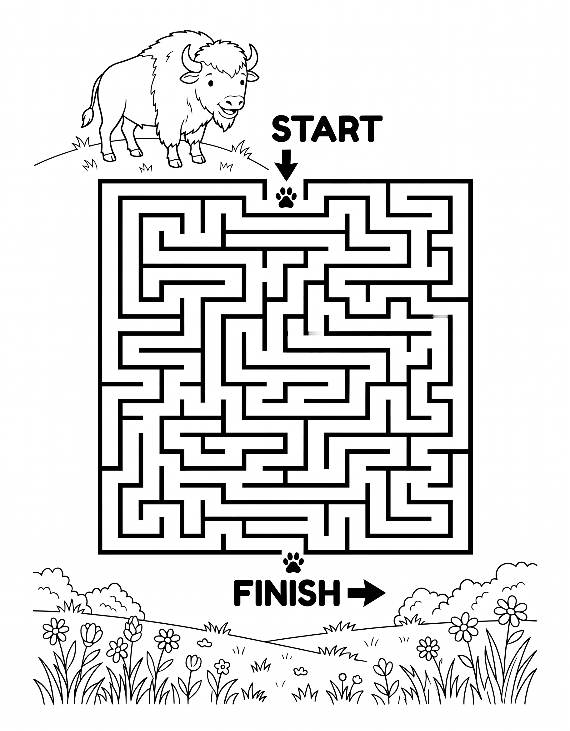 Easy bison maze printable worksheet for kids with a bison-themed maze