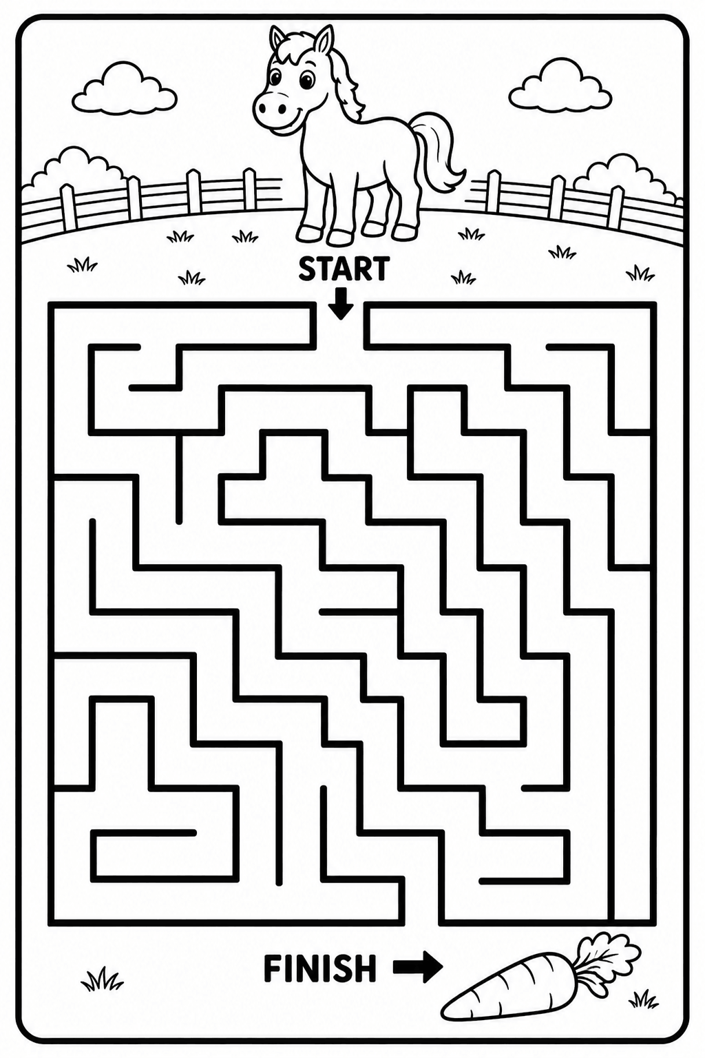 Easy horse maze printable worksheet for kids with a horse finding its way to a carrot