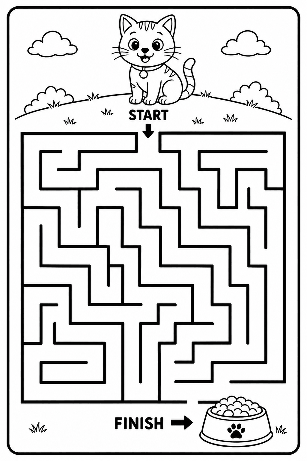 Easy kitten maze printable worksheet for kids with a kitten finding its way to a food bowl