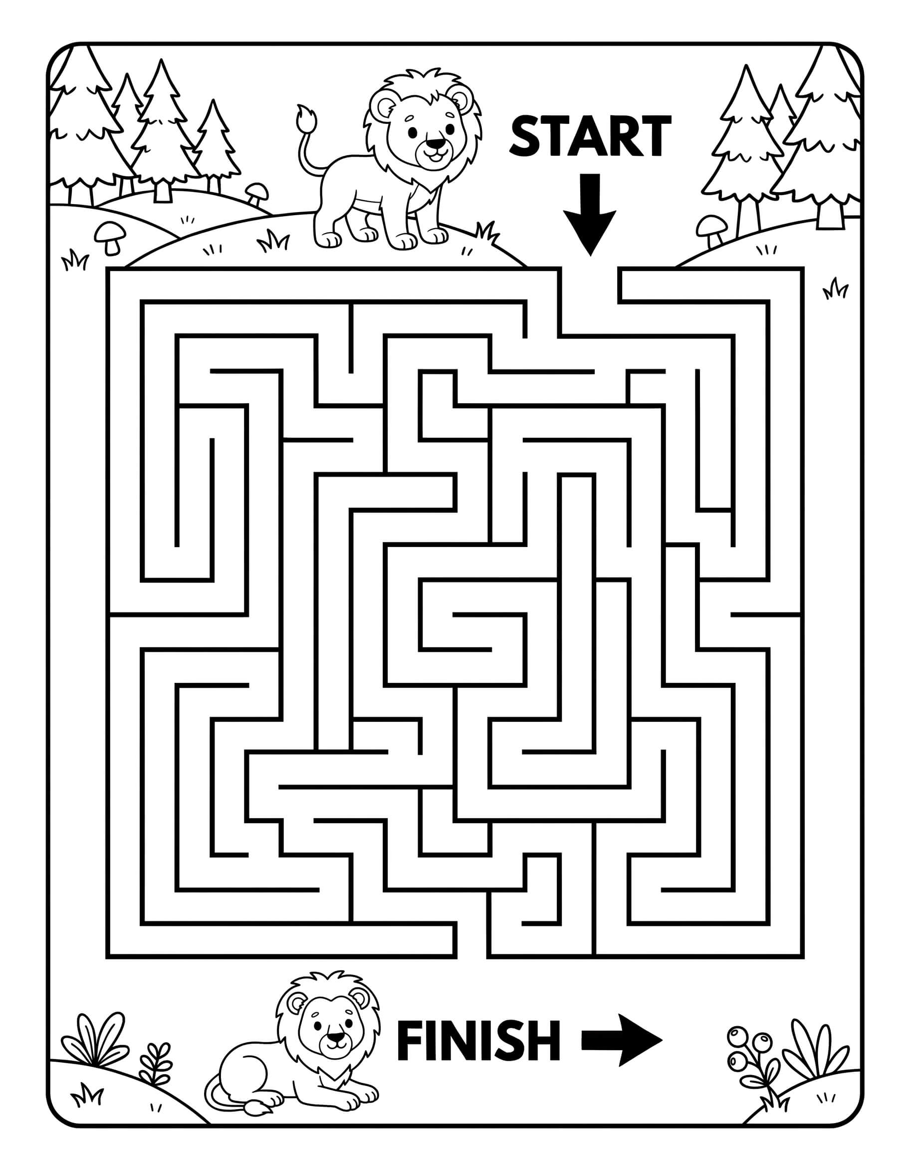Easy lion maze printable worksheet for kids featuring a cute lion