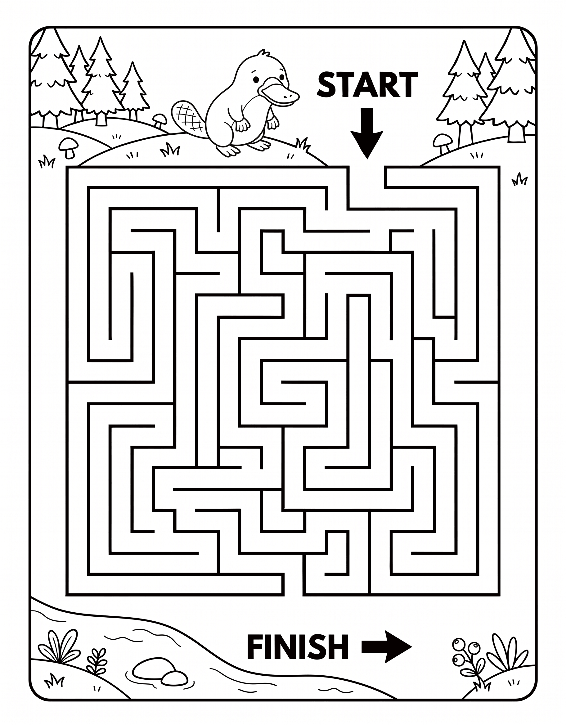 Easy platypus maze printable worksheet for kids featuring a cute platypus