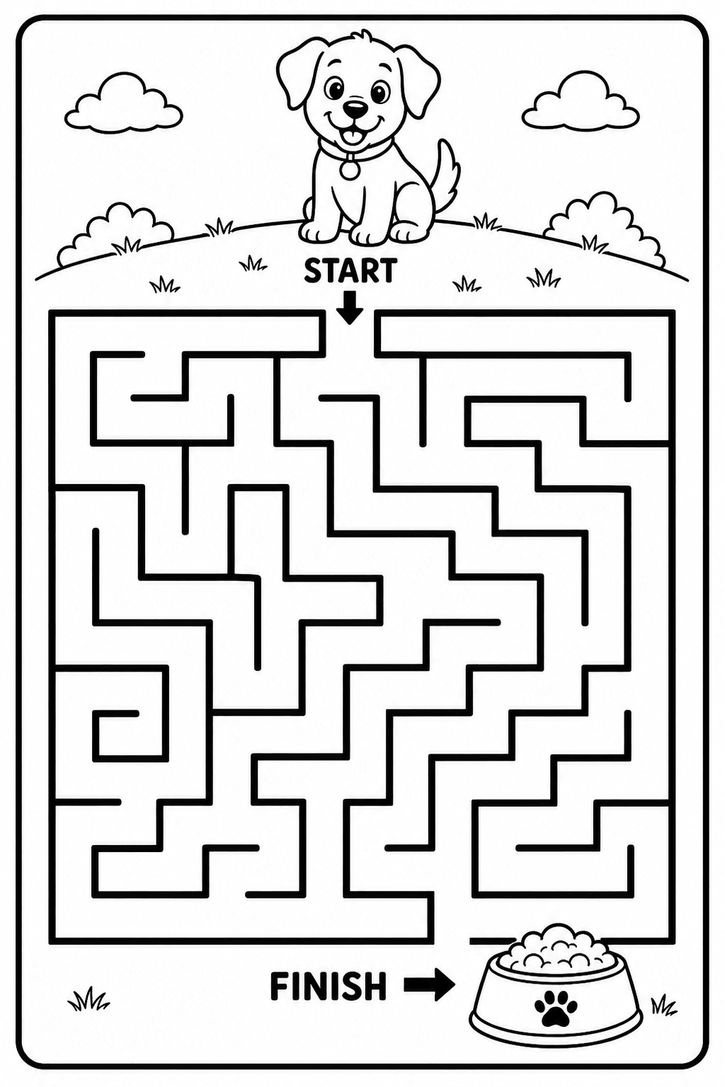 Easy puppy maze printable worksheet for kids with a puppy finding its way to a food bowl