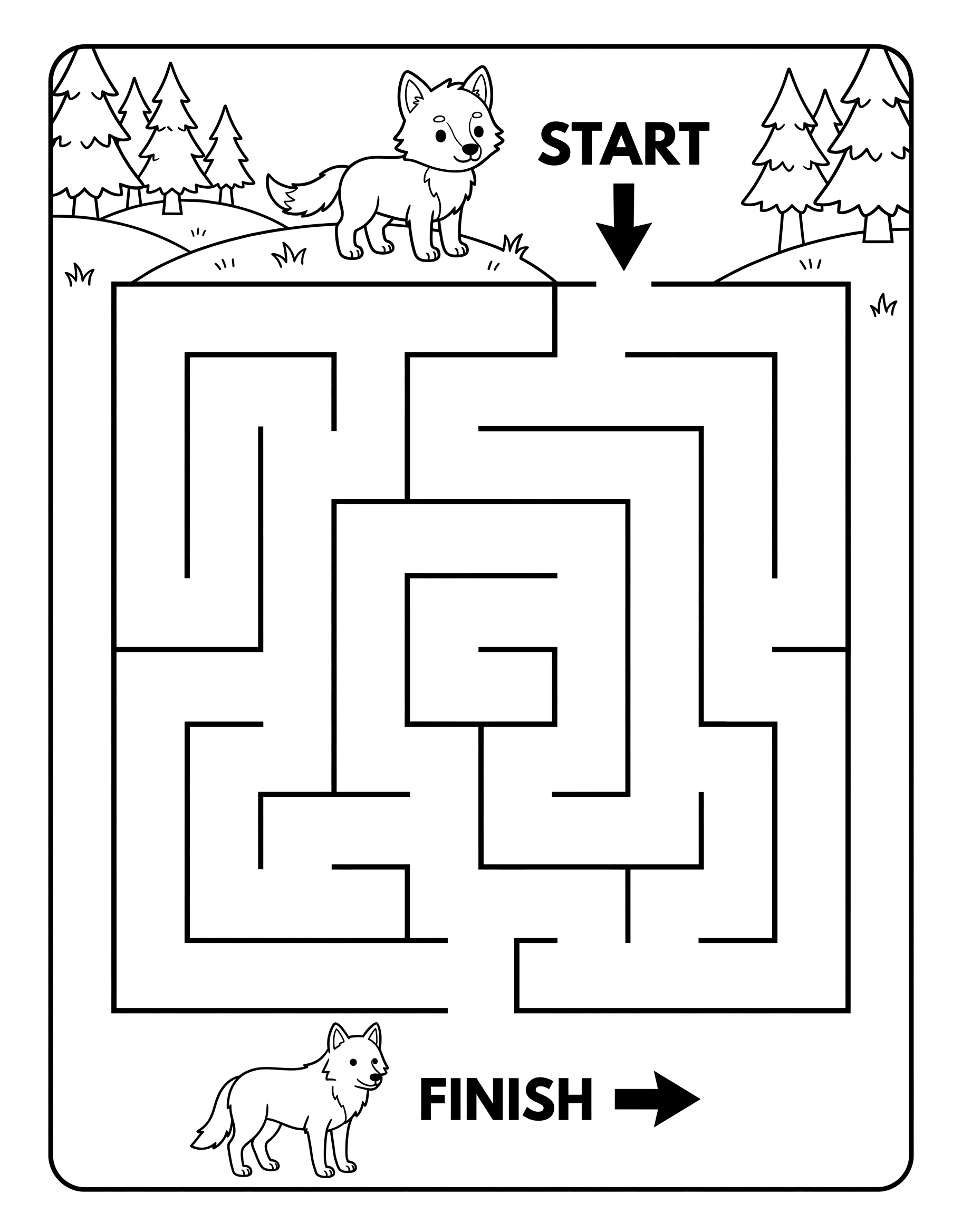 Easy wolf maze printable worksheet for kids featuring a wolf and simple maze