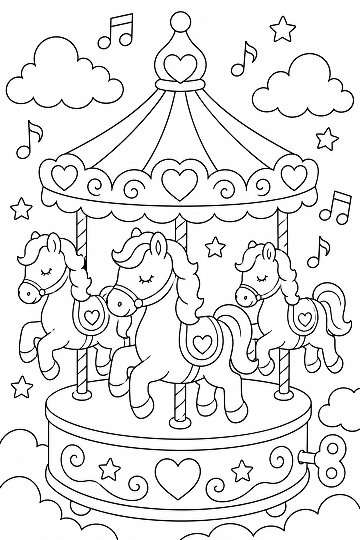 Enchanted Carousel Horses Coloring Page