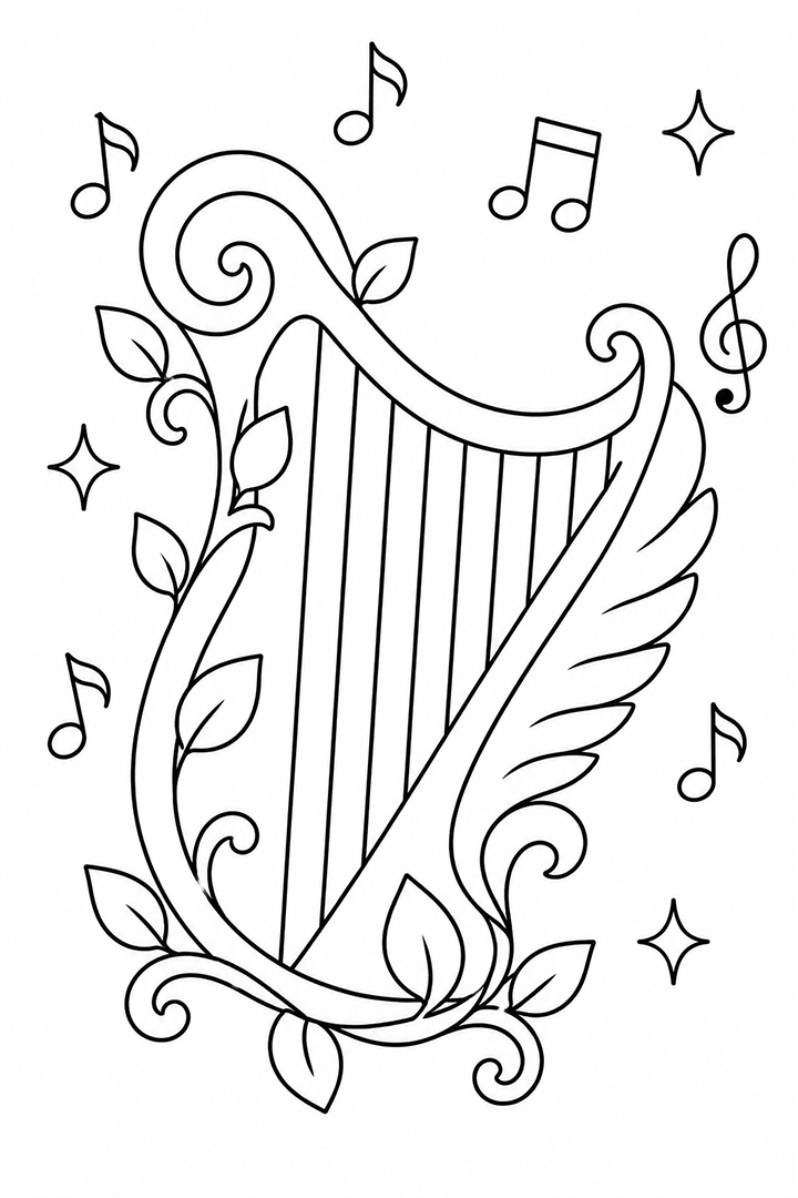 Enchanted Winged Harp Coloring Page