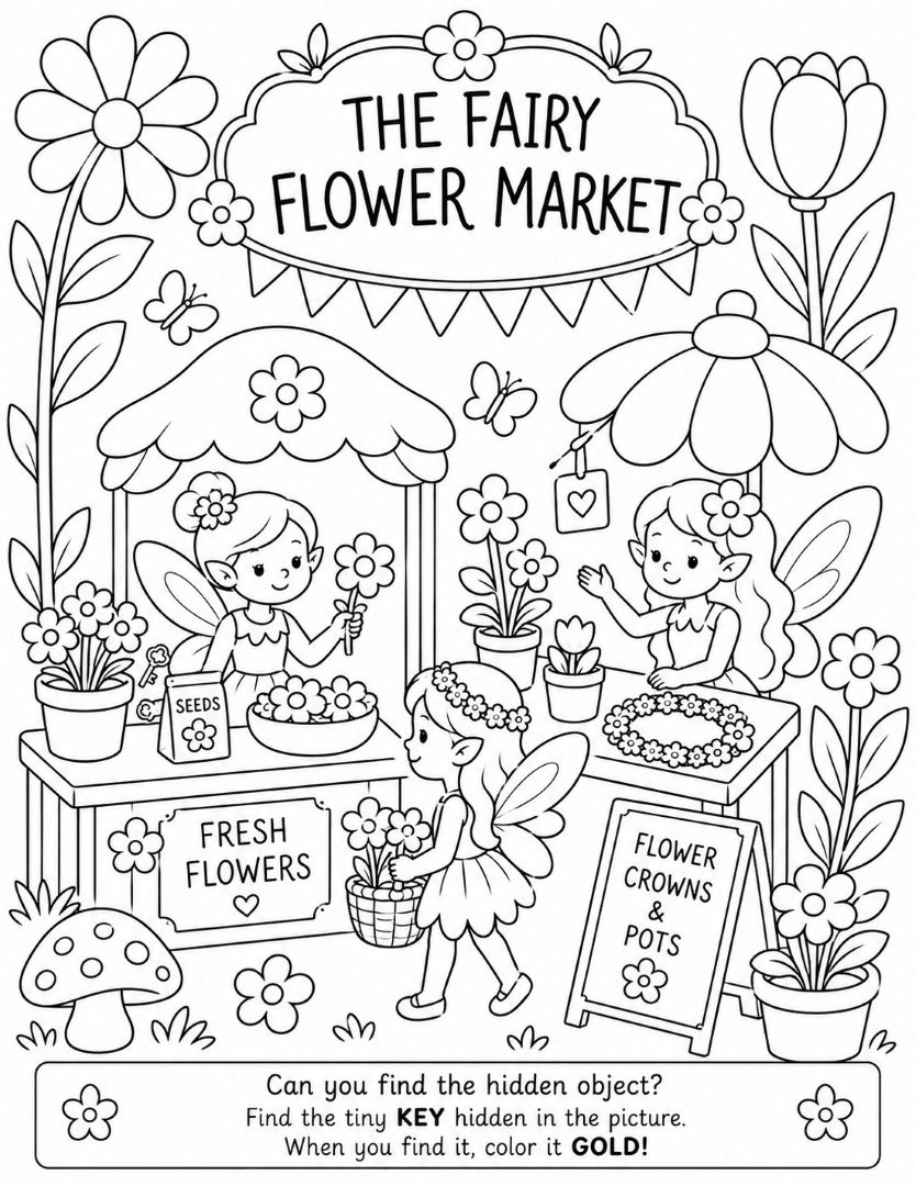 Fairy Flower Market coloring page with fairies selling flowers and magical garden treasures at whimsical market stalls.
