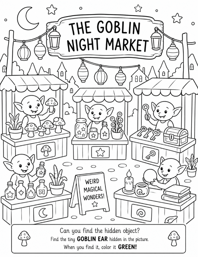 Goblin Night Market coloring page with friendly goblins selling magical treasures beneath lanterns and a moonlit sky.