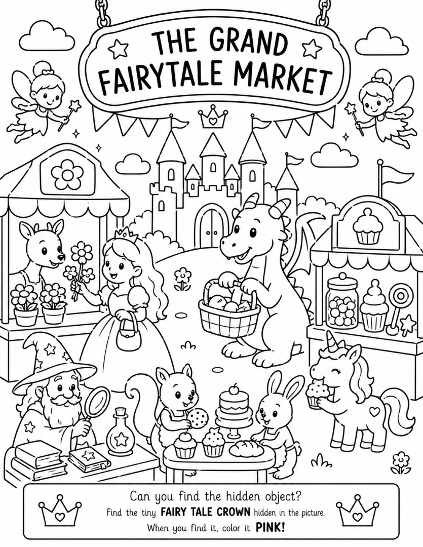 Grand Fairytale Market coloring page with a princess, dragon, unicorn, fairies, wizard, woodland animals, and a magical castle.