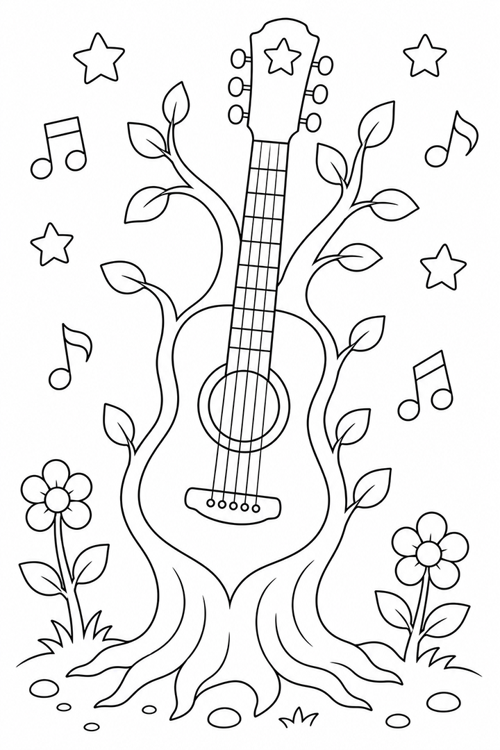 Magic Guitar Growing From Tree Coloring Page