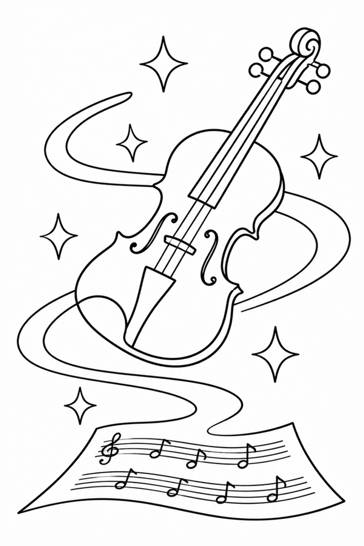 Magic Violin Floating With Musical Notes Coloring Page