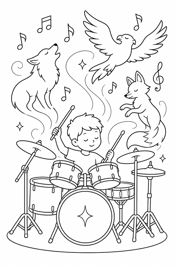 Magical Drummer With Spirit Animals Coloring Page