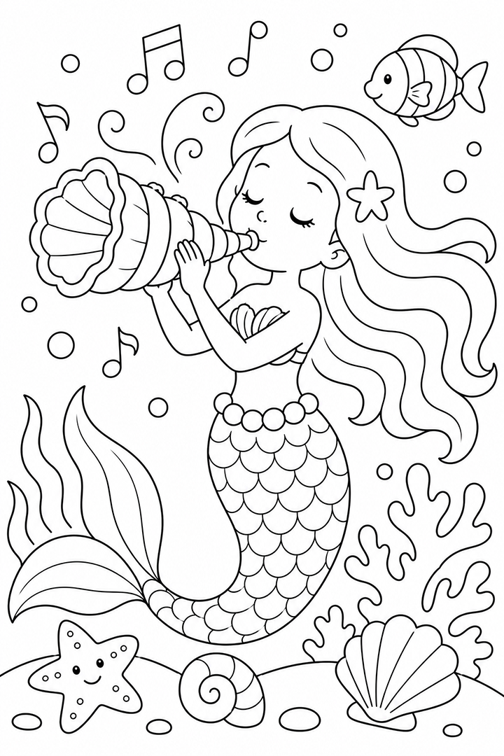 Mermaid Playing Magical Conch Shell Coloring Page