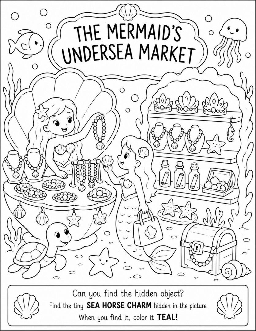 Mermaid's Undersea Market coloring page with mermaids, pearl necklaces, seashell treasures, and an underwater marketplace.