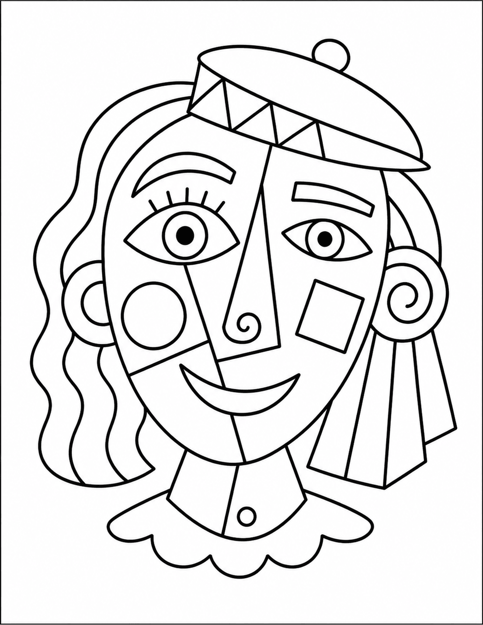 Picasso-inspired abstract face coloring page for kids with playful geometric features