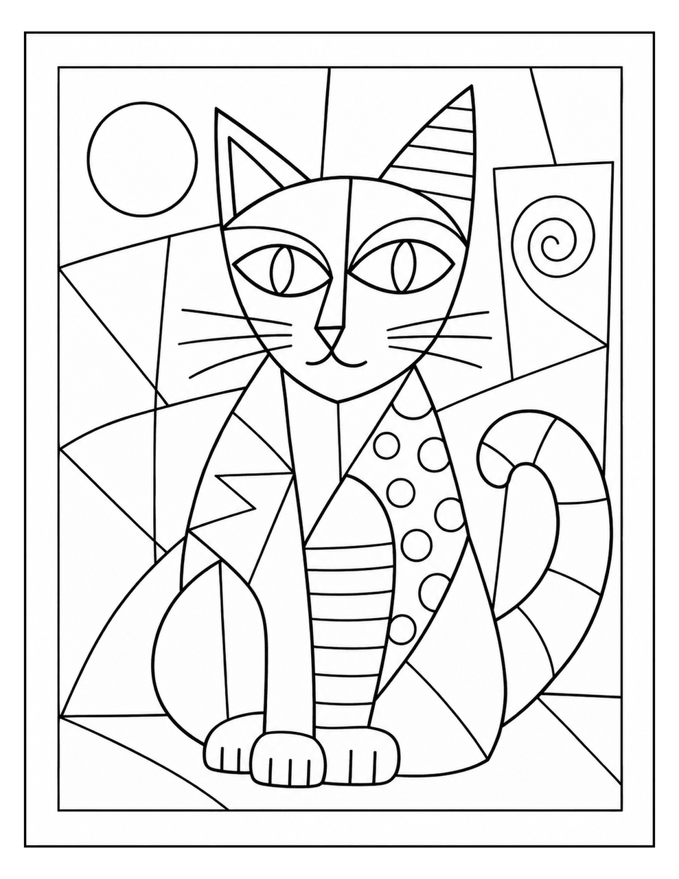 Picasso-inspired cubist cat coloring page with playful geometric shapes for kids