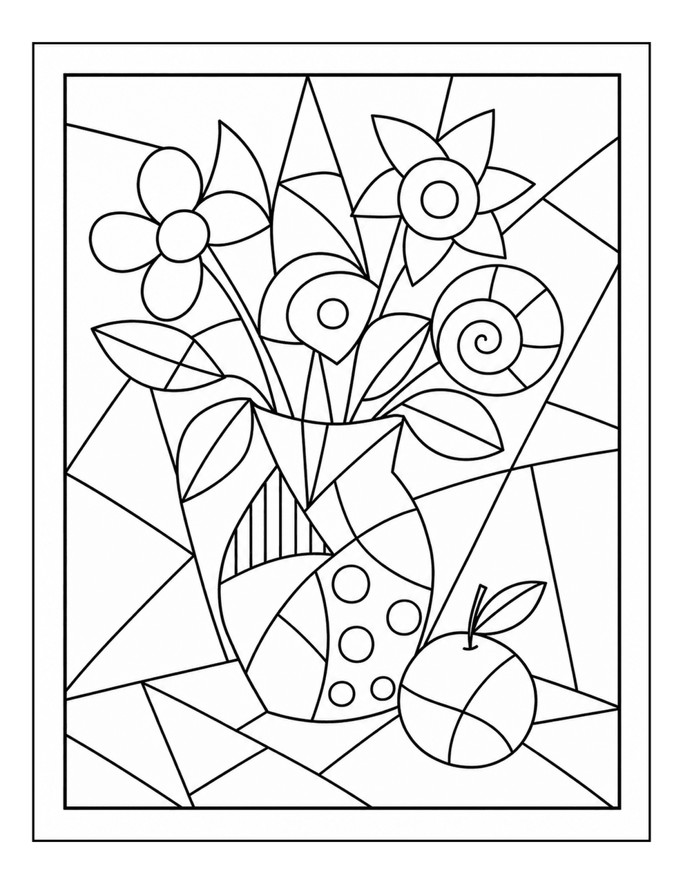 Picasso-inspired flower vase coloring page with abstract geometric flowers